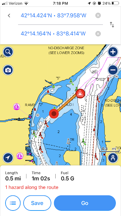 Fishing map of Wyandotte launch area to show fall walleye fishing charter route
